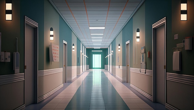 Photo large light hospital corridor with 3d rooms and benches ai generative