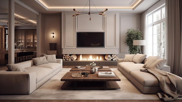 Large living room in modern chic style wide and low fireplace with tv above in the center