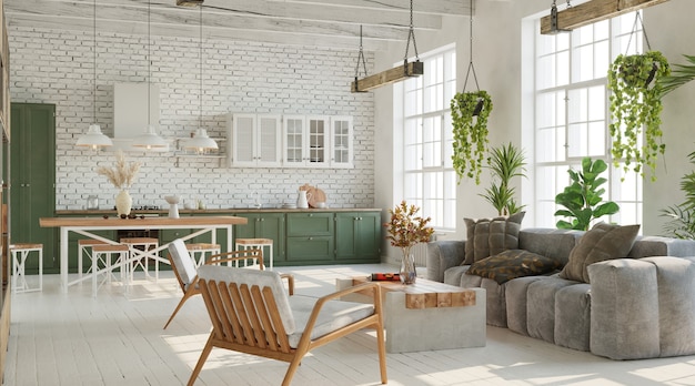 Large living room with brick white wall wooden furniture and lots of plants Loft industrial style 3d render