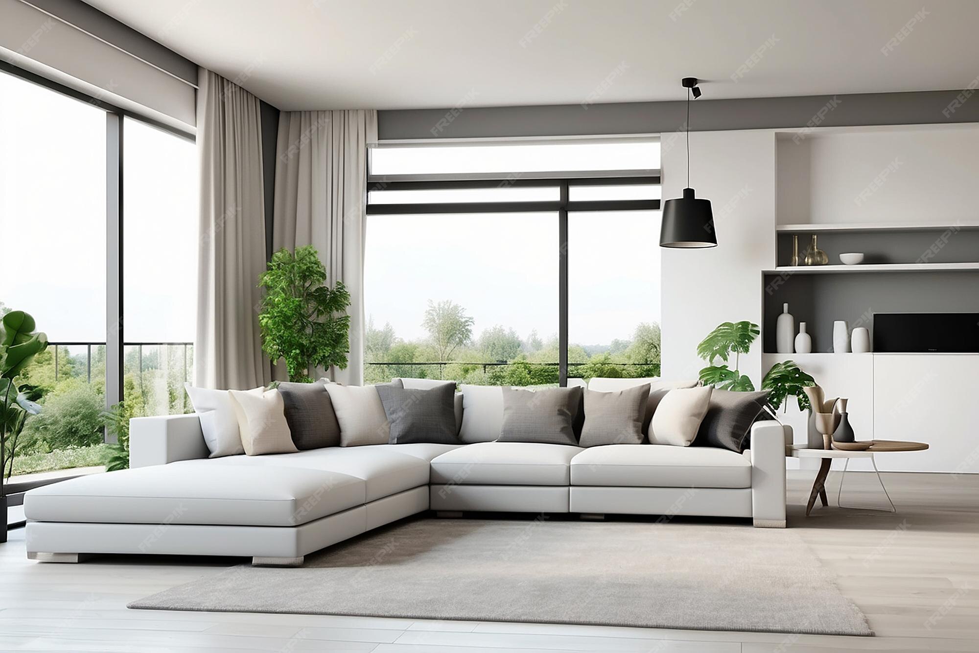 Premium AI Image Large living room with a large white corner sofa and
