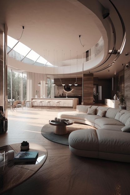 A large living room with a large white sofa and a large glass ceiling.