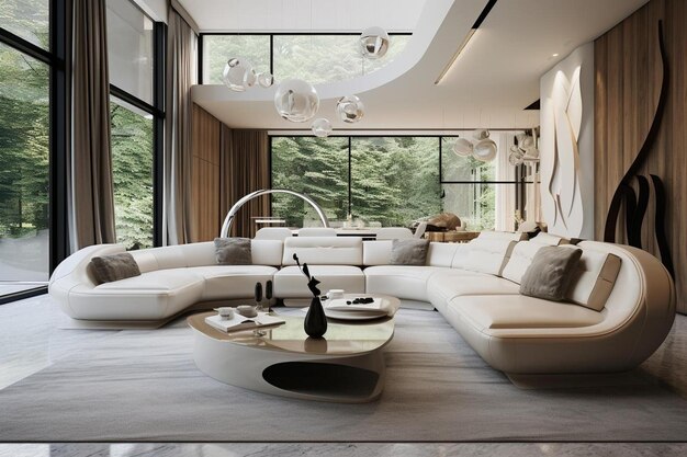 Photo a large living room with a large window that has a view of trees and trees