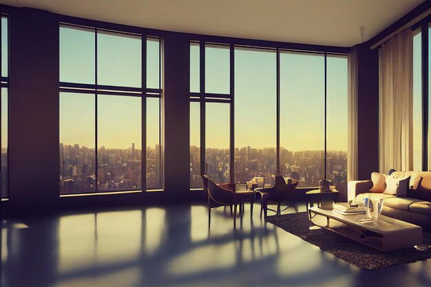 Foto ampio soggiorno con finestra panoramica con vista sulla città divano comode sedie e un tavolo illustrazione 3d
