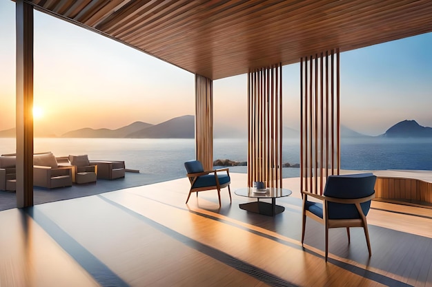 A large living room with a view of the sea and mountains