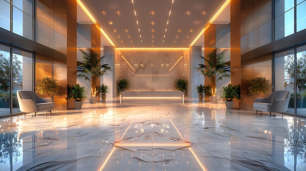 a large lobby with a plant