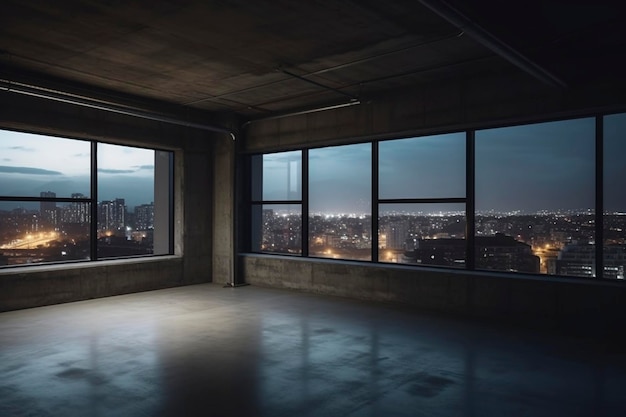 Large loft space with city view window created with generative AI