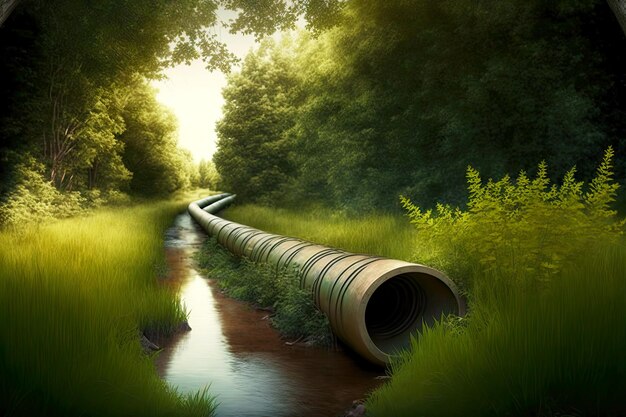 Large long pipe for discharge of sewage in midst of beaful nature