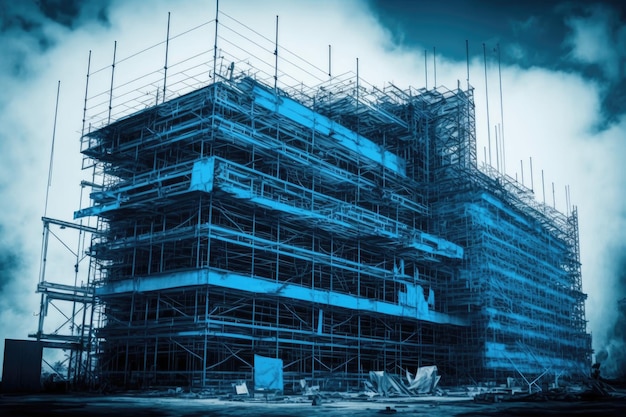 Large lots of blue scaffolding near building on construction site created with generative ai