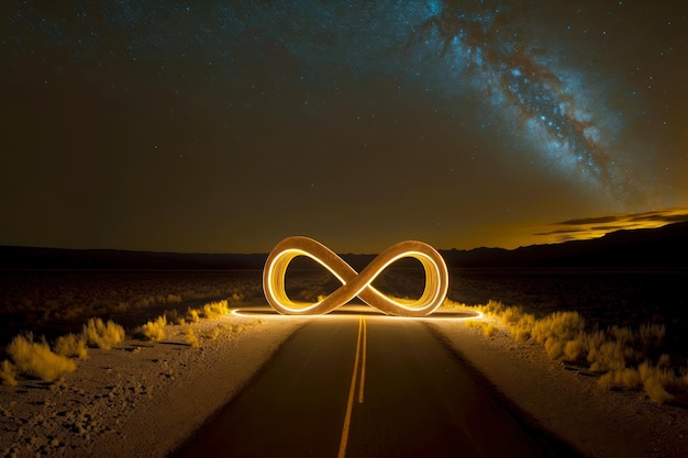 Large luminous sign in form of infinity sign indicating endless of road