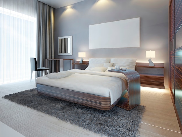 Large luxury bedroom in Contemporary style white, brown and gray colors. A large bed with a side table and a dressing table with a mirror and a chair. 3D render.