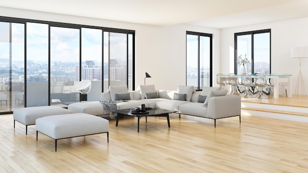 Large luxury modern bright interiors Living room illustration 3D rendering computer digitally generated image