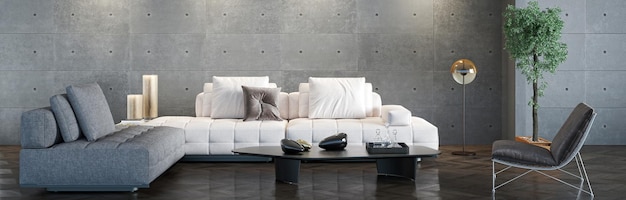 Large luxury modern bright interiors Living room mockup banner illustration 3D rendering computer digitally generated image