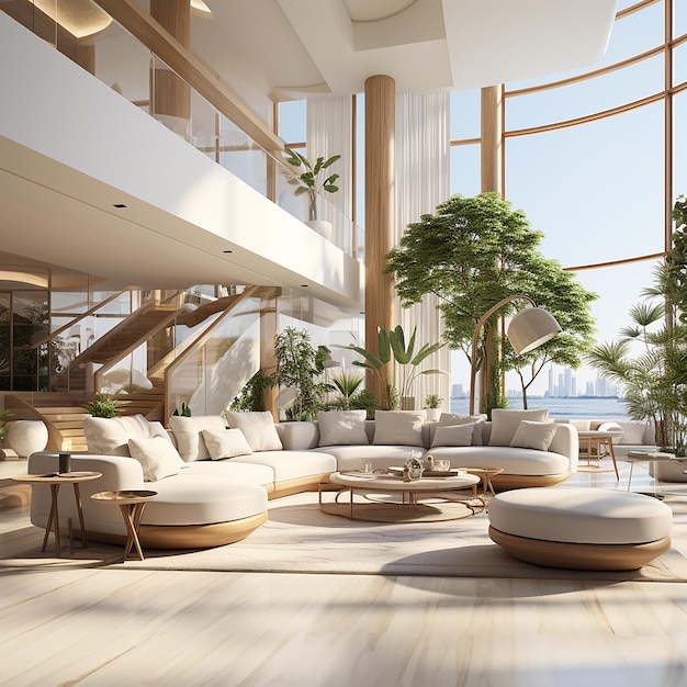 large luxury modern bright interiors Living room mockup illustration 3D rendering computer