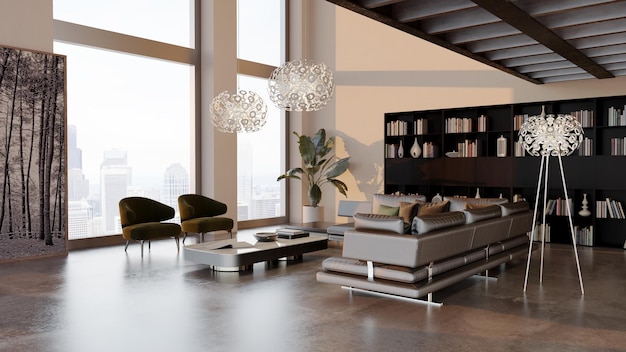 Photo large luxury modern bright interiors living room mockup illustration 3d rendering image