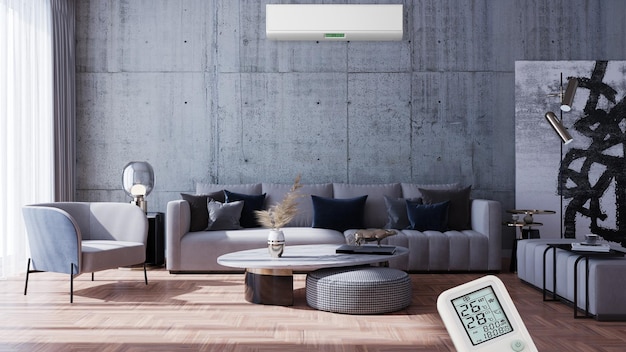 Ampio soggiorno di lusso moderno e luminoso interni con aria condizionata mockup illustrazione rendering 3d