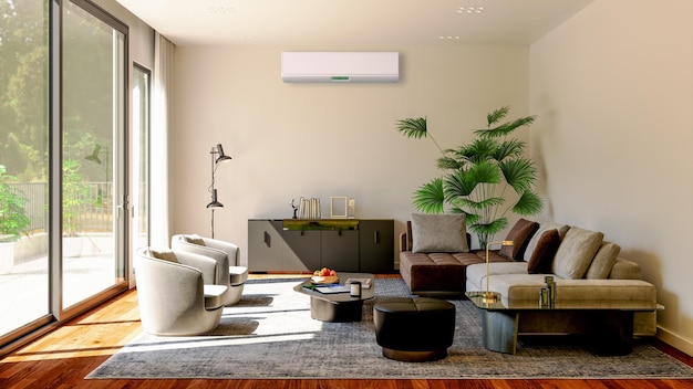 Large luxury modern bright interiors living room with air conditioning mockup illustration 3D rendering