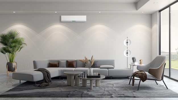 Large luxury modern bright interiors with air conditioning illustration 3D rendering