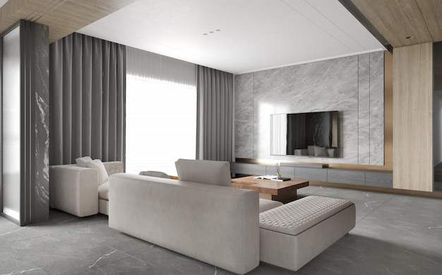 Interni moderni di lusso di grandi dimensioni di soggiorno. illustrazione 3d