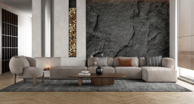 large luxury modern interior of living room3D illustration