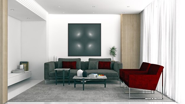 Large luxury modern minimal bright interiors room mockup illustration 3D rendering