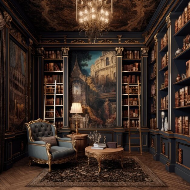 Photo a large and luxury old style private library