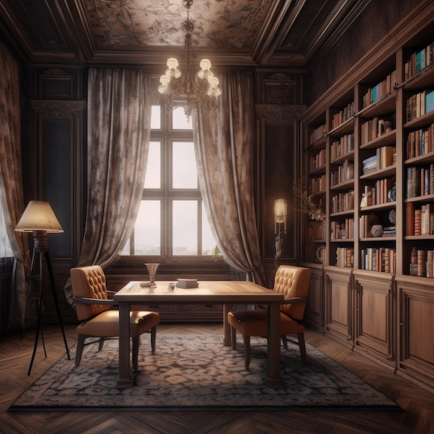 Photo a large and luxury old style private library