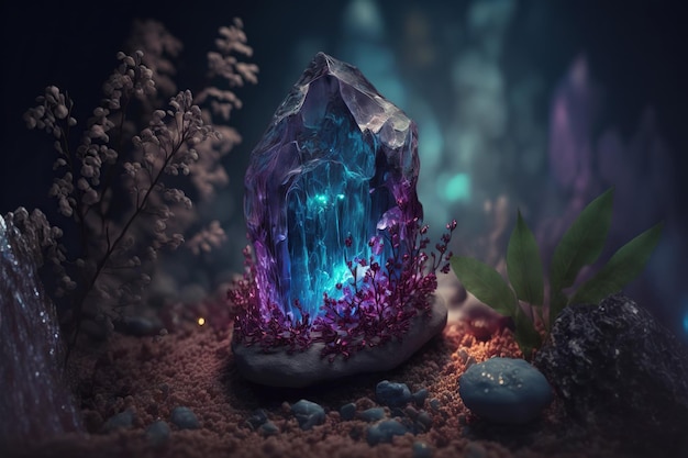 Large Magic Amethyst magic Crystal glows in the dark in the forest