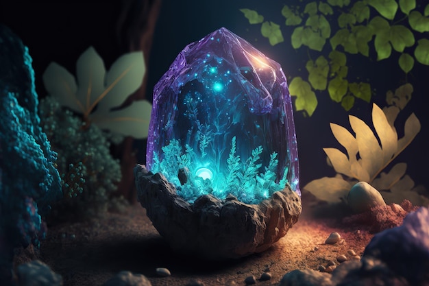 Large Magic Amethyst magic Crystal glows in the dark in the forest