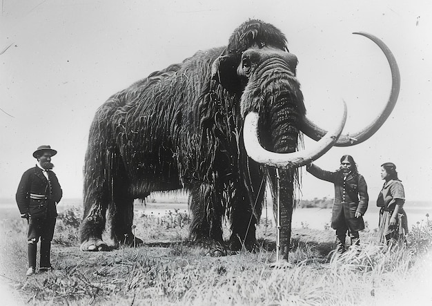 a large mammoth with tusks is standing next to a man in a field