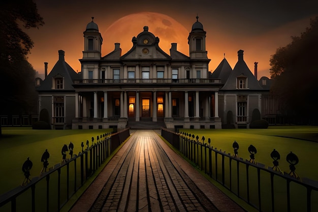 A large mansion with a moon behind it