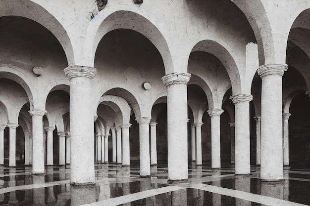 Large marble hall with high columns arches and medieval door