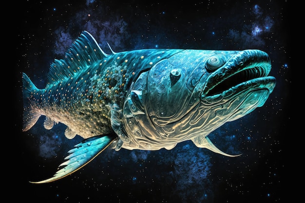 Large marine monster fish in space bottom view