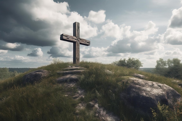 A large massive cross on a rocky mountain against a cloudy sky Generation of AI