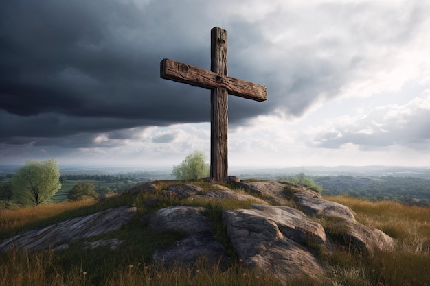 A large massive cross on a rocky mountain against a cloudy sky Generation of AI