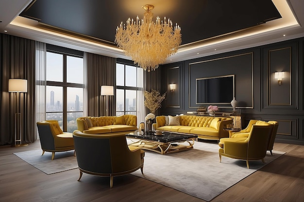 Large master living room in dark yellow colors set of chairs and gold table generative ai