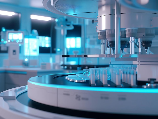 Photo large medical microscope in the laboratory for analyzing blood in test tubes medical office hospital