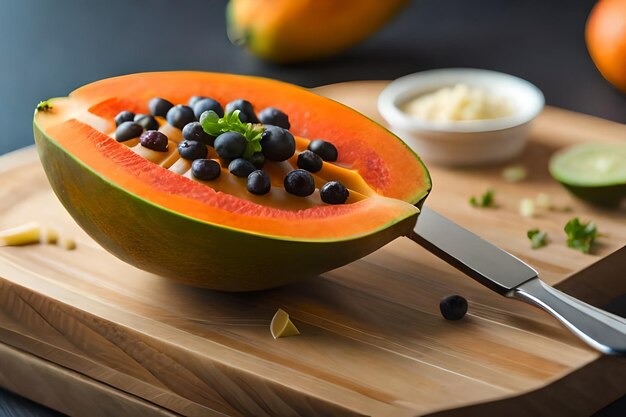 Foto un grande melone con mirtilli su un tagliere di legno