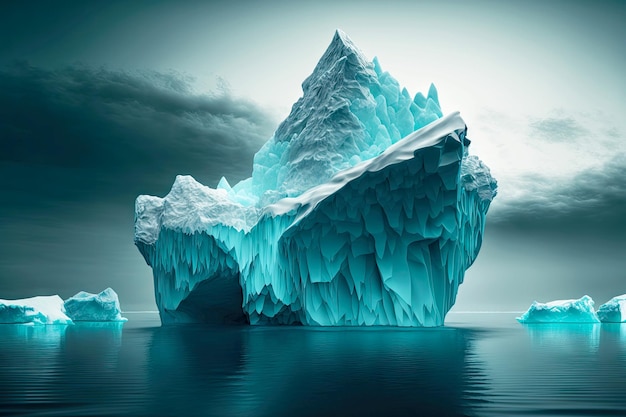 Large melting floating iceberg with high sharp peaks