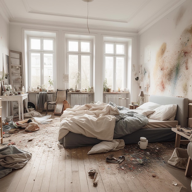 Premium AI Image Large mess in the bedroom broken scattered things