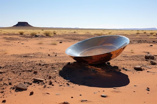 a large metal bowl in the desert