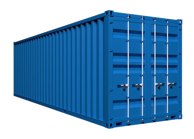 A large metal container closed with locks for transporting cargo by sea and rail