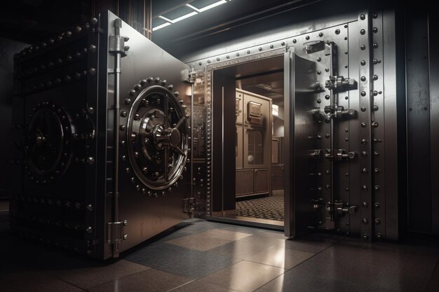Большая металлическая дверь с большой открытой дверью с надписью «банк Америки».