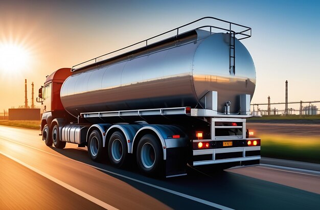 Photo a large metal gasoline tanker with fuel is moving towards a fuel tank