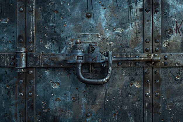 Large metal padlock on a heavy metal door with a deadbolt Antique padlocked door