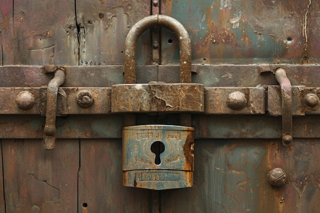 Large metal padlock on a heavy metal door with a deadbolt Antique padlocked door