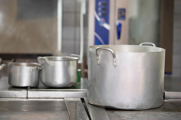 Large metal pans in an industrial kitchen