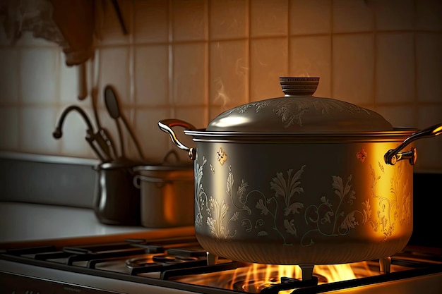 Large metal pot with soup steel pot on gas burner