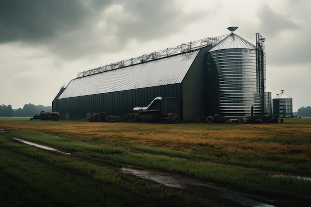 Large metal seed storage on cow farm