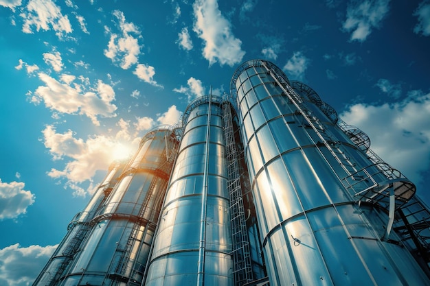 A large metal silo stands tall beneath a clear blue sky serving as a storage container for agricultu