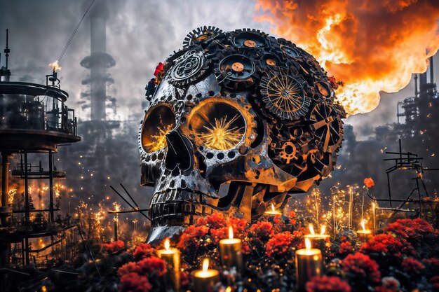 Большой металлический череп с свечами и цветами празднование Дня мертвых